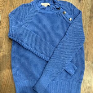 LOFT Blue Ruffle Neck Sweater with Button Detail, XS